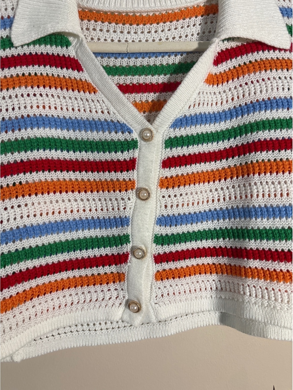 Vintage Crocheted Striped Button-Up Short Sleeve Top - Picture 2 of 6